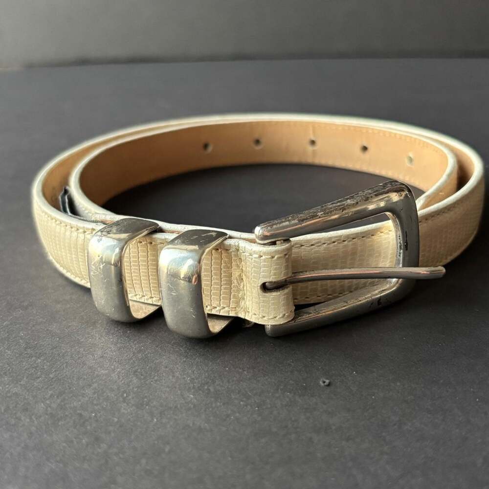 VTG Brighton Classics Y2K Cream Genuine Leather Silver Buckle Belt - Size M/30